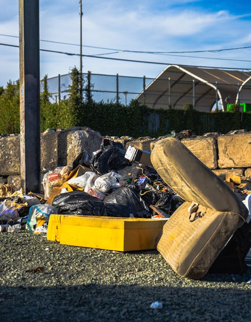 A large green waste disposal skip, positioned on a city street, is brimming with assorted cardboard boxes, some flattened and others partially collapsed, alongside a few white polystyrene trays. The cardboard varies in shades of brown, with some boxes featuring printed labels and symbols, exhibiting textures from smooth to slightly corrugated. Adjacent to the skip, a wooden pallet stands upright, partially obscuring a flat-screen television that leans against it, with its reflective screen surface visible. In the background, a street scene includes a green waste collection truck with a mechanical arm, parked amidst other urban elements such as buildings and trees. The environment appears well-lit, suggesting daytime, with natural daylight casting soft shadows. The scene reflects an instance of private waste collection, highlighting the type of rubbish that might be managed by services such as Rubbish Clearance Bromley, focusing on on-site clearance of domestic or commercial waste materials, specifically cardboard and large household items, in a manner consistent with independent rubbish removal activities.